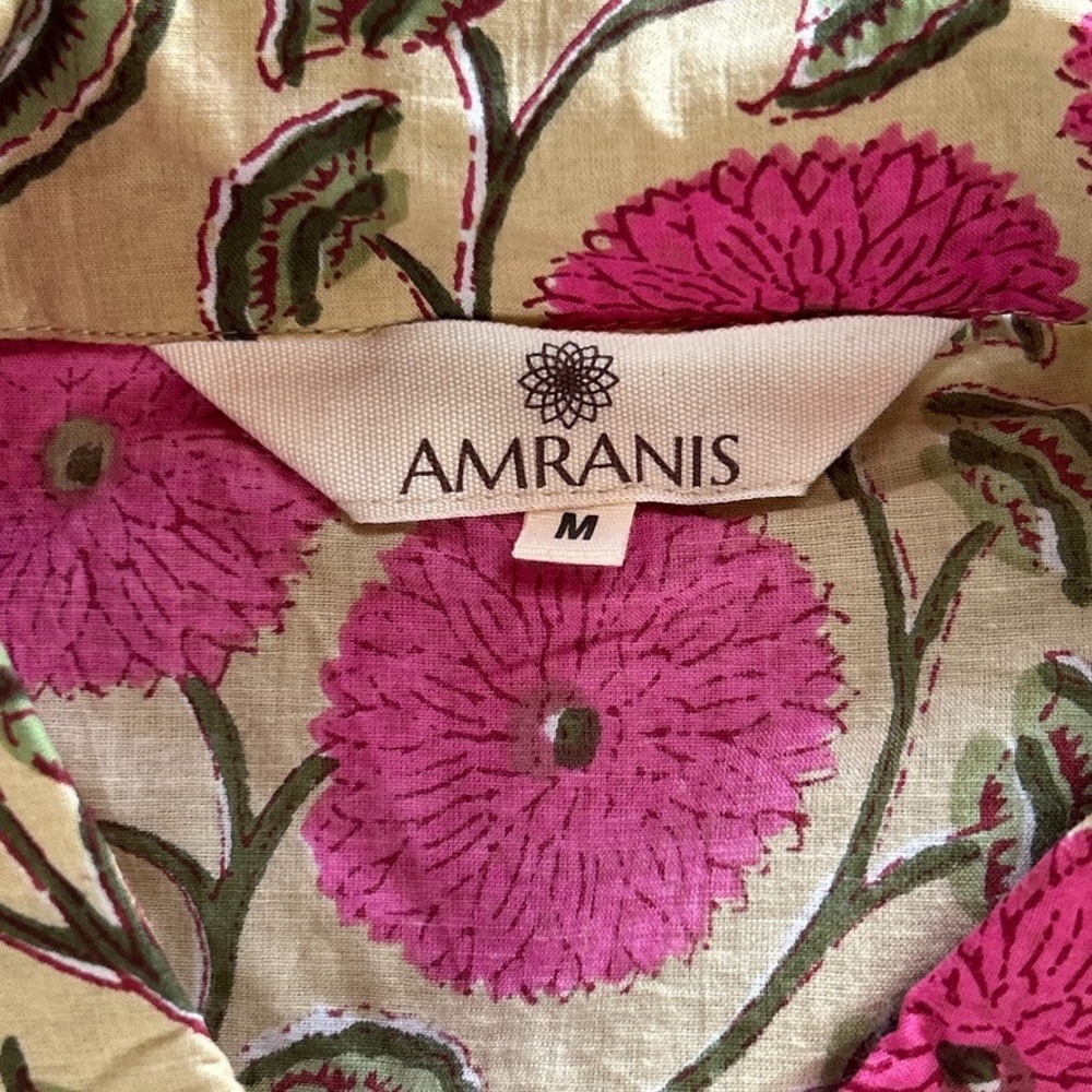 Cotton Floral Pajama Set Pink Block Print Shorts Loungewear Pockets Amranis M - Picture 5 of 13